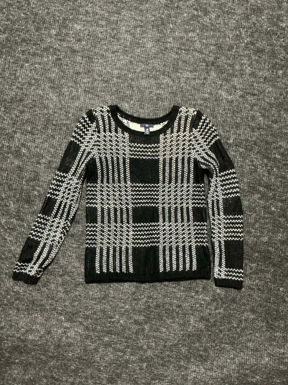 Gap Plaid Sweater Womens Size XS Black and White Preppy Winter